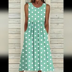 Green and White Polka Dot Sleeveless Dress W/empire Waist